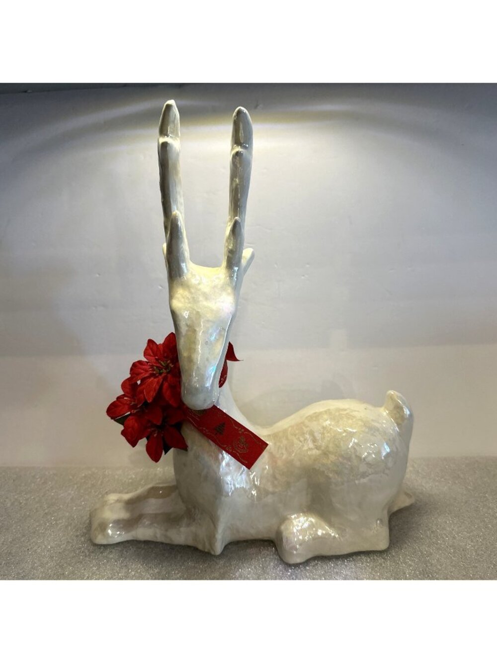 Vintage LN White Ceramic Christmas Reindeer Figurine 11" x 12" Iridescent Glaze